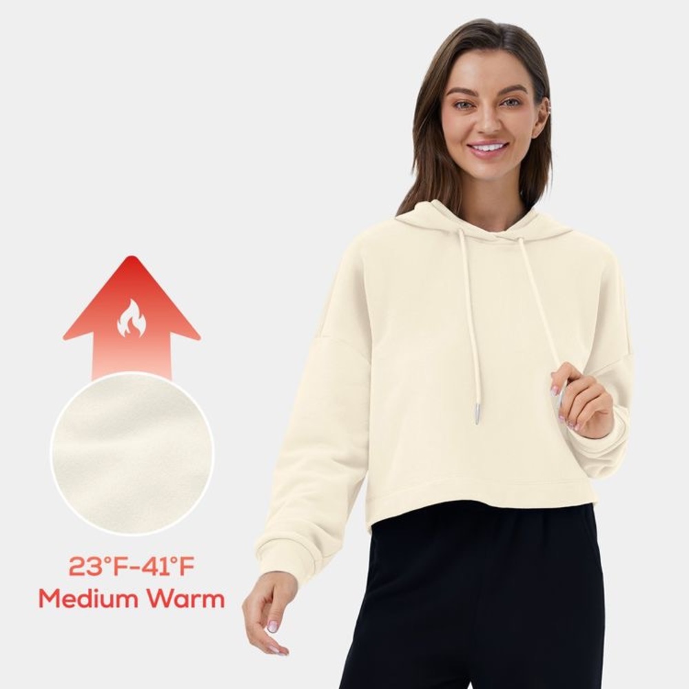 Cropped drop shoulder drawstring fleece hoodie